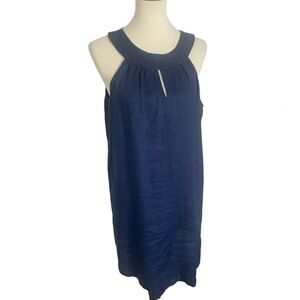 Antibes Blanc Tank Indigo Linen Dress High Neck Sleeveless Navy A-line Keyhole M